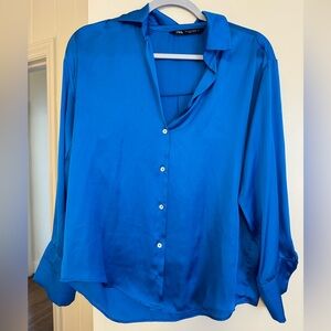 ZARA blue satin button down top